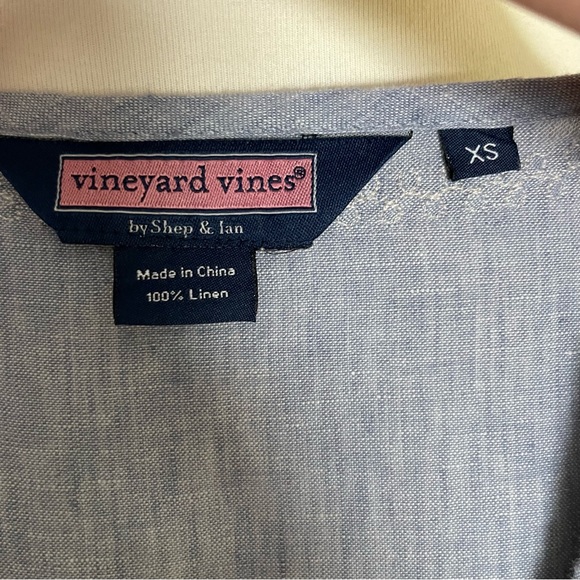 Vineyard Vines Tunic Top Embroidered Linen 3/4 Sleeve Rope Detail Blue Cream - Picture 10 of 11